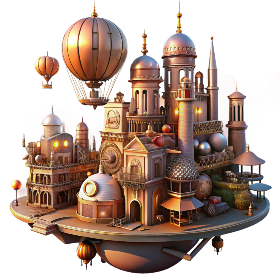reflective striking A steampunk cityscape with intricate clockwork buildings and flying machines, vibrant, sunset lighting, science fiction style 8K png
