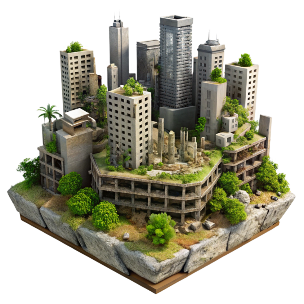 melancholic sumptuous A desolate, post apocalyptic cityscape, crumbling buildings, overgrown with vegetation, eerie atmosphere, refined png