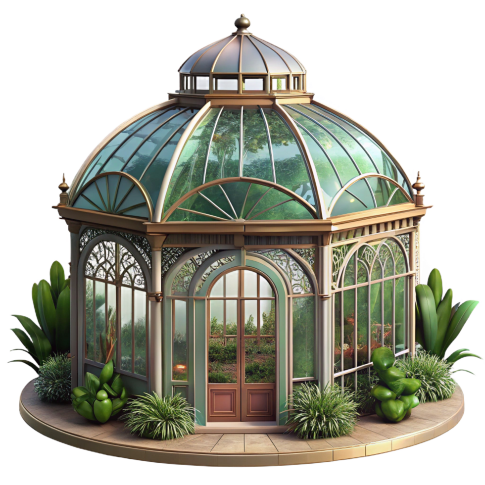 energetic splendid Victorian greenhouse, wrought iron and glass, lush plants, soft sunlight, romantic, vintage style ultra HD png