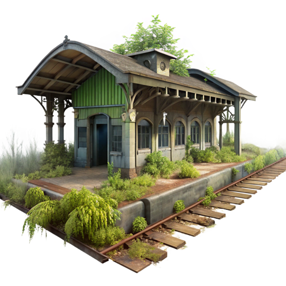 impressive memorable An abandoned train station, overgrown with weeds, eerie atmosphere, urban photography style, png