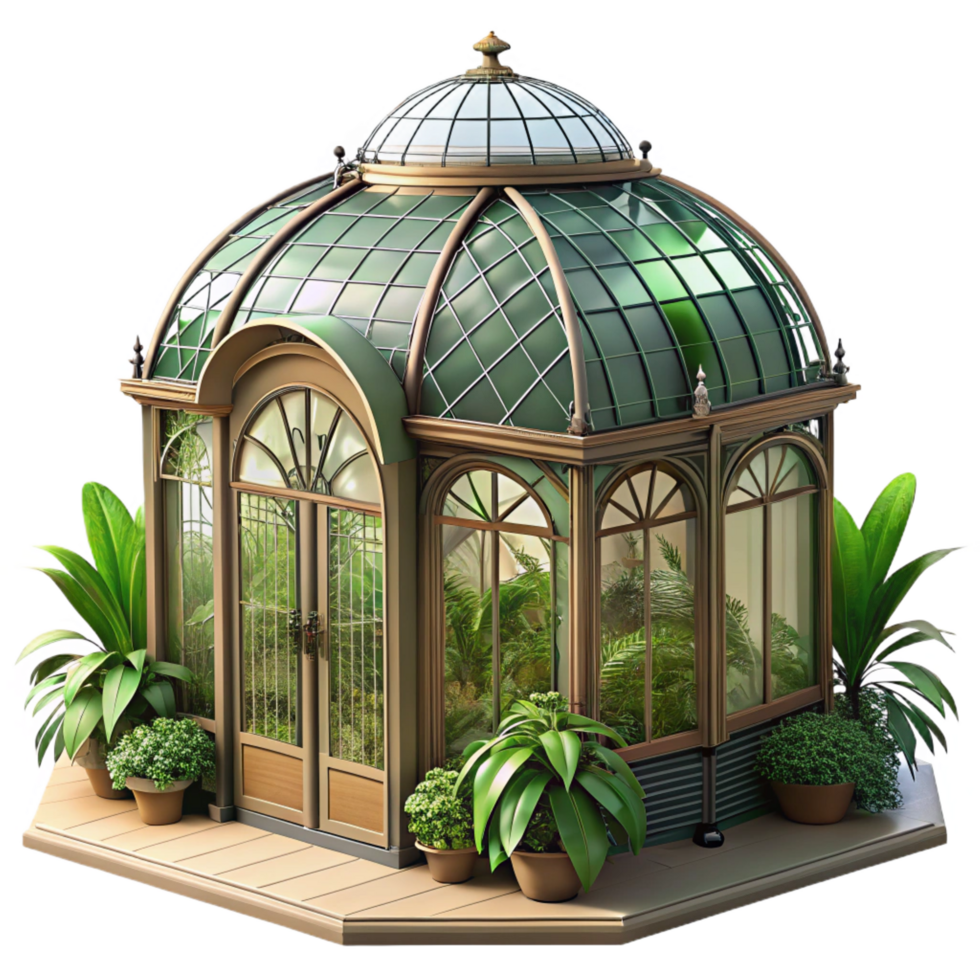 acclaimed contemporary Victorian greenhouse, wrought iron and glass, lush plants, soft sunlight, romantic, vintage style ultra HD png