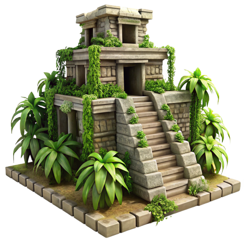 gorgeous creative A crumbling Mayan temple overgrown with jungle vines, dappled sunlight, hyperrealistic, detailed textures, genuine png