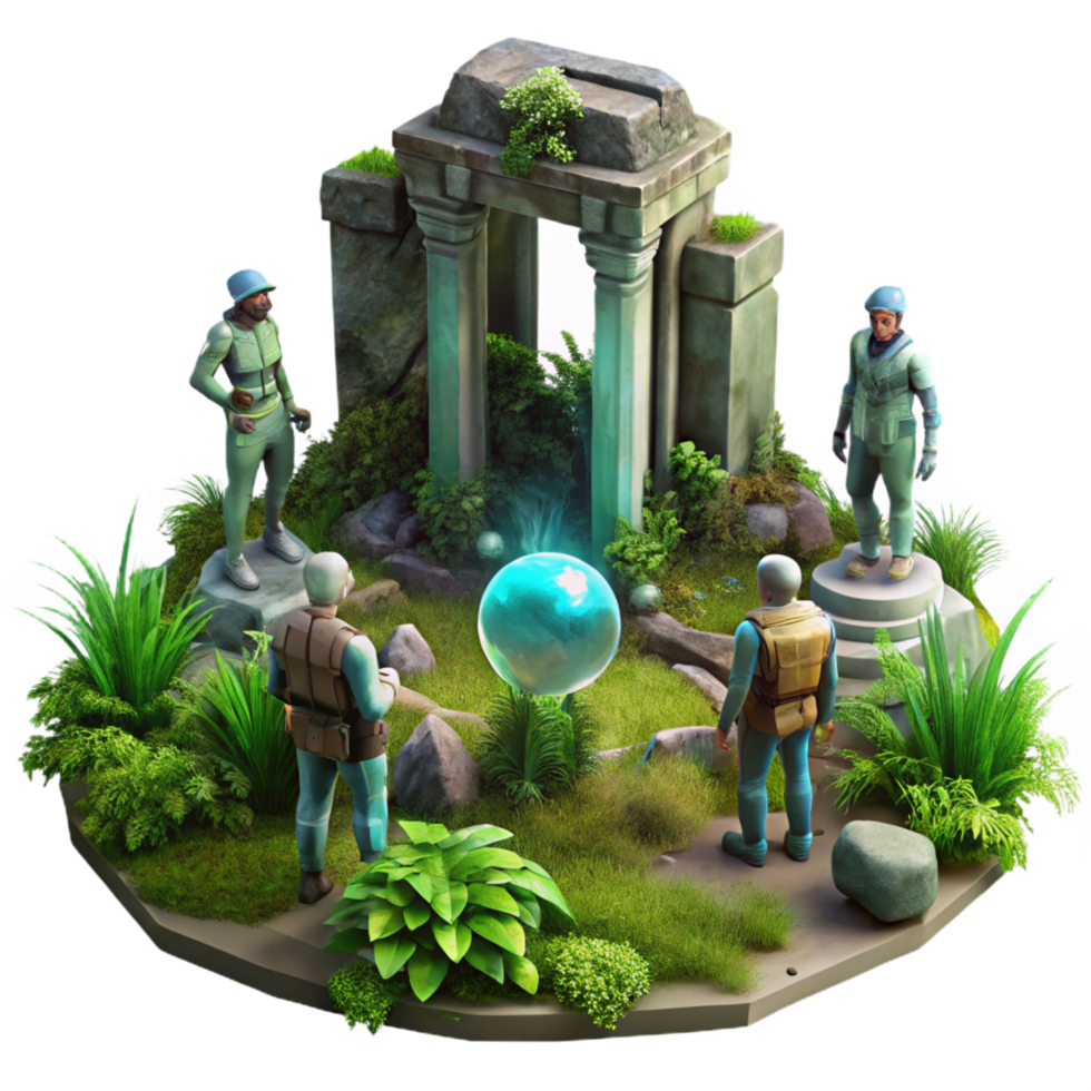 stunning quintessential A group of explorers discovering ancient alien ruins, overgrown with vegetation, mysterious and atmospheric, digital painting style png