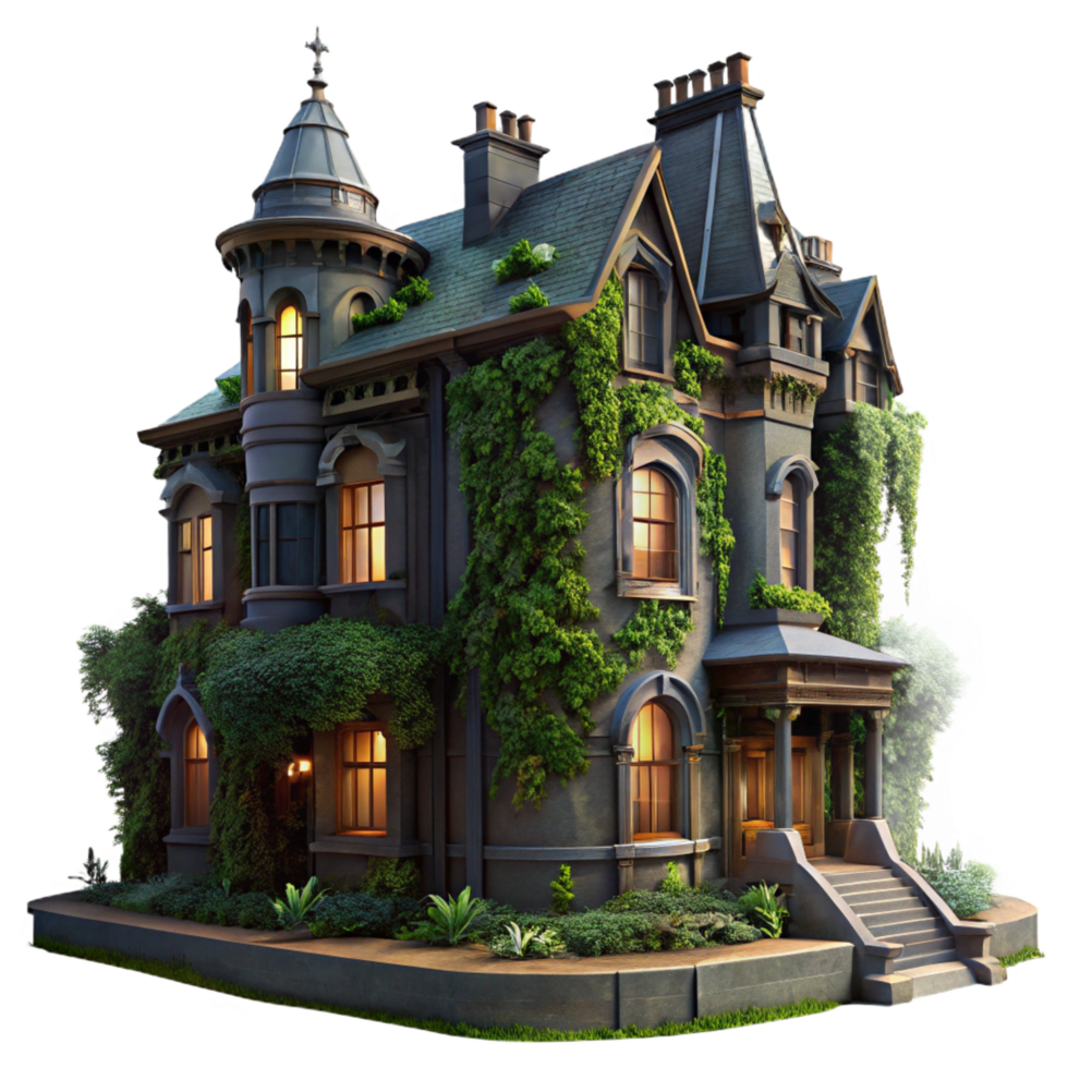 hypnotic whimsical impressionist A dilapidated Victorian mansion, overgrown with ivy, dusk lighting, eerie atmosphere, gothic style, expertly shot png