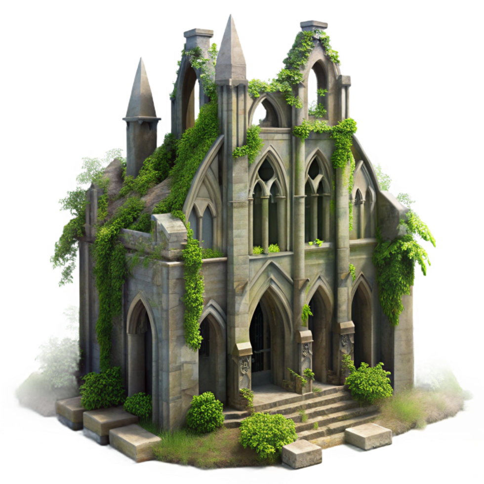 stunning quintessential A crumbling gothic cathedral overtaken by lush vegetation, dappled sunlight, hyperrealistic, Greg Rutkowski style, png