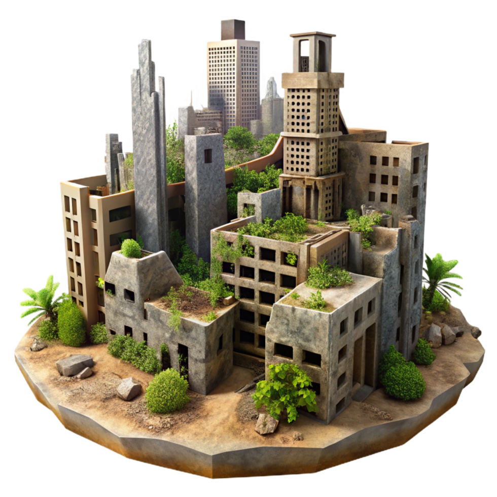 striking joyful art deco A desolate, post apocalyptic cityscape, crumbling buildings, overgrown with vegetation, eerie atmosphere, 8K png