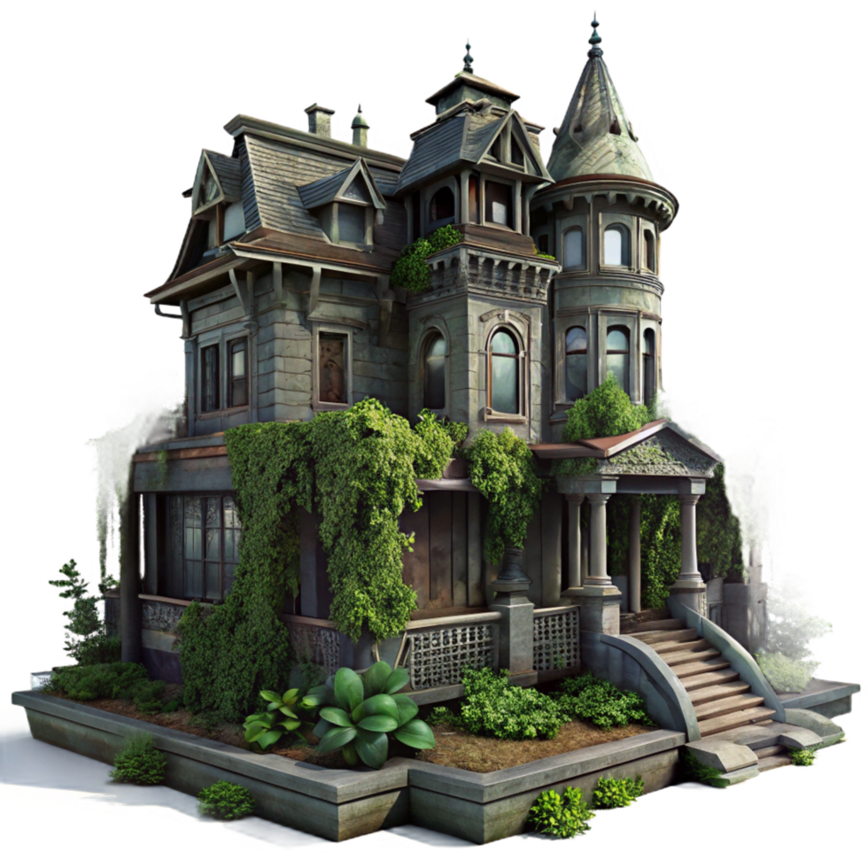 glorious unparalleled A dilapidated Victorian mansion, overgrown with ivy, spooky atmosphere, dimly lit, intricate details, png