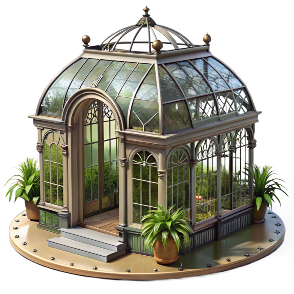distinguished rustic Victorian greenhouse, wrought iron and glass, lush plants, soft sunlight, romantic, vintage style precision png