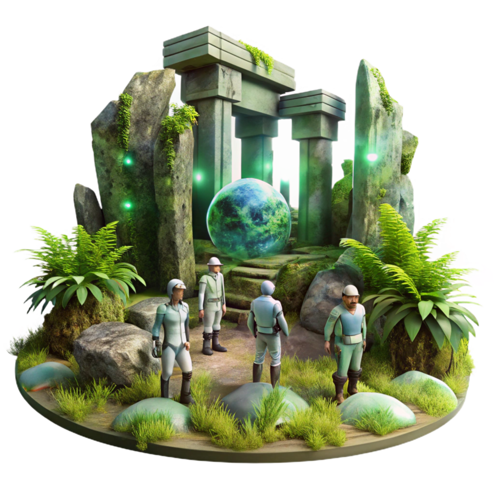 enchanting quintessential A group of explorers discovering ancient alien ruins, overgrown with vegetation, mysterious and atmospheric, digital painting style png