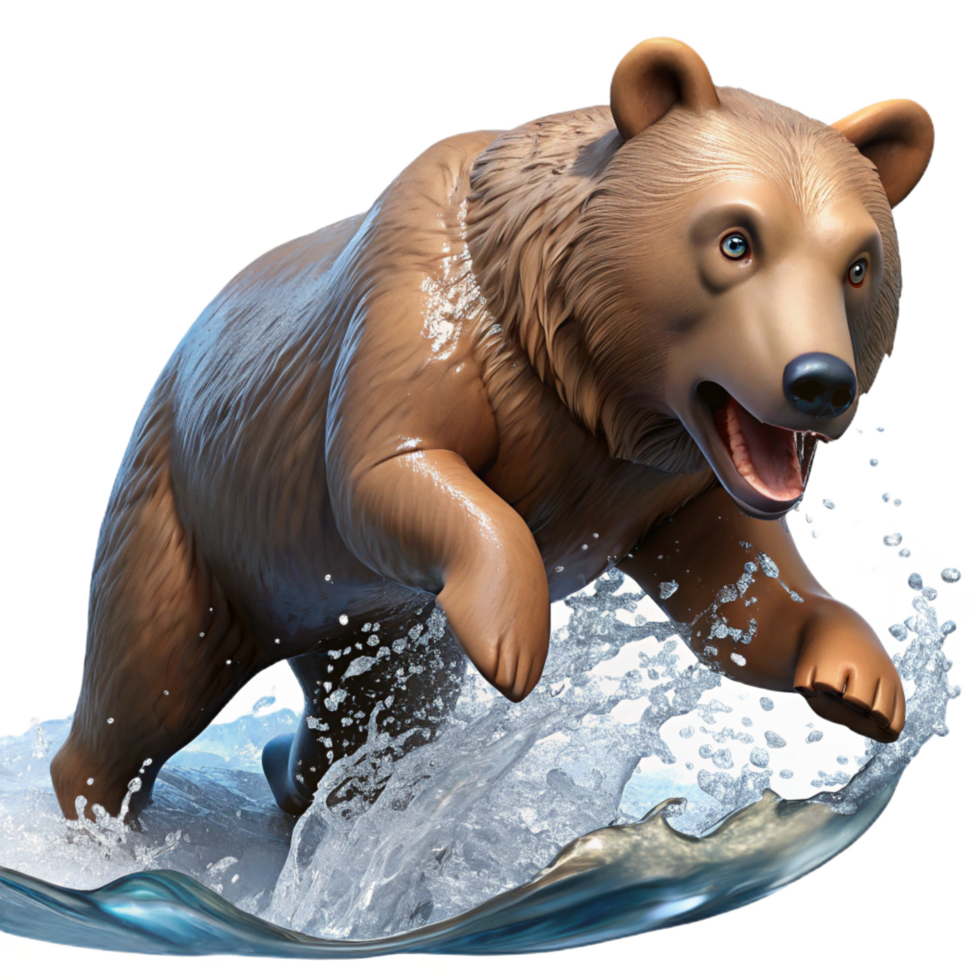 sumptuous melancholic futuristic A grizzly bear catching a salmon in a rushing river, dynamic action shot with water splashes, in a realistic style premium png
