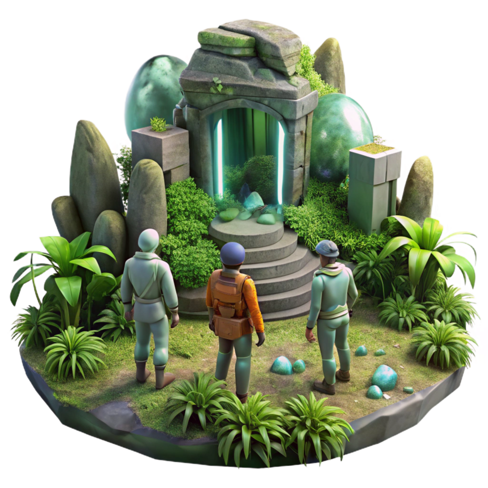 breathtaking joyful creative A group of explorers discovering ancient alien ruins, overgrown with vegetation, mysterious and atmospheric, digital painting style high resolution png