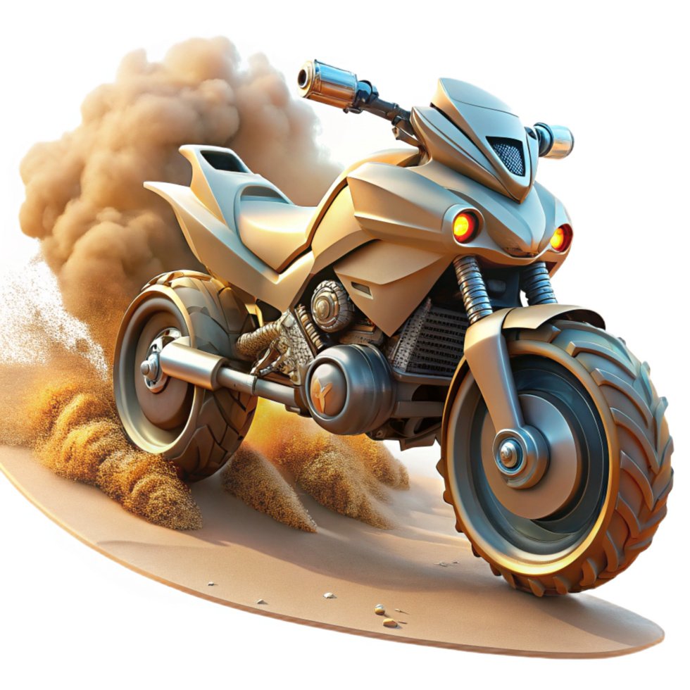 reflective majestic A futuristic motorcycle speeding through a desert landscape, kicking up dust and sand. Cyberpunk style, gritty textures professional png