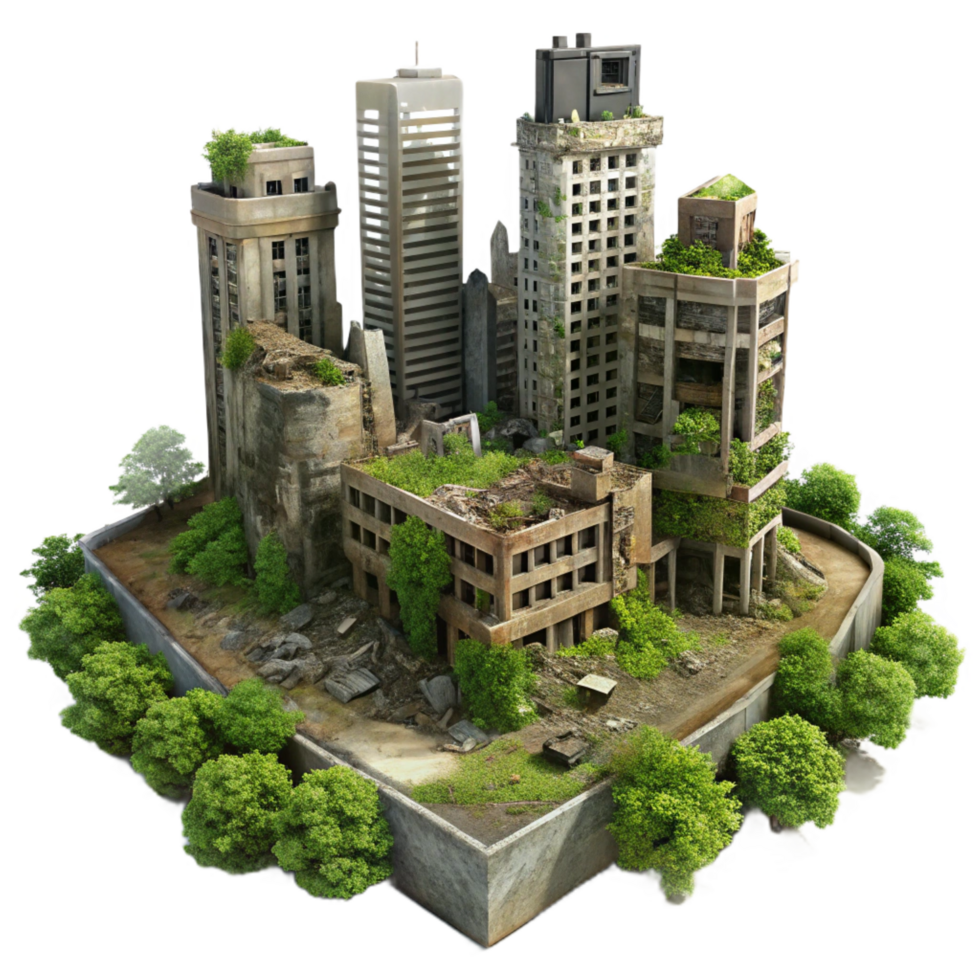 majestic passionate industrial A desolate, post apocalyptic cityscape, crumbling buildings, overgrown with vegetation, eerie atmosphere, 8K png
