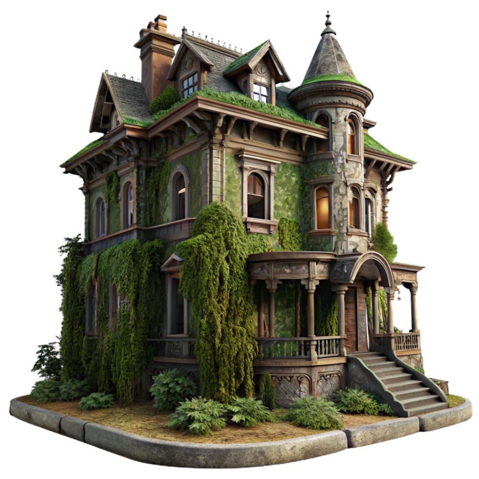 unparalleled geometric A dilapidated Victorian mansion, overgrown with ivy, spooky atmosphere, dimly lit, intricate details, professional png
