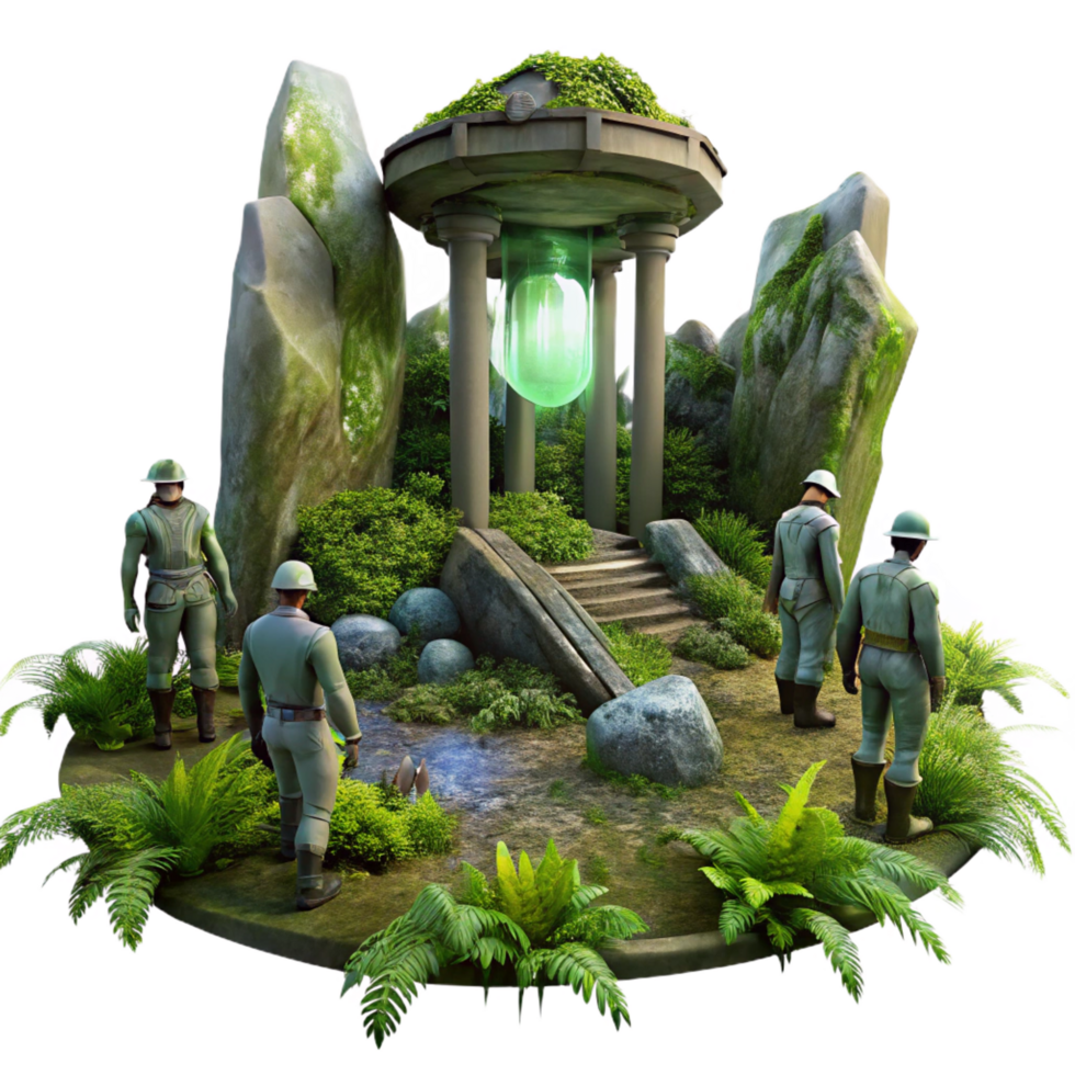 harmonious pristine A group of explorers discovering ancient alien ruins, overgrown with vegetation, mysterious and atmospheric, digital painting style detailed png