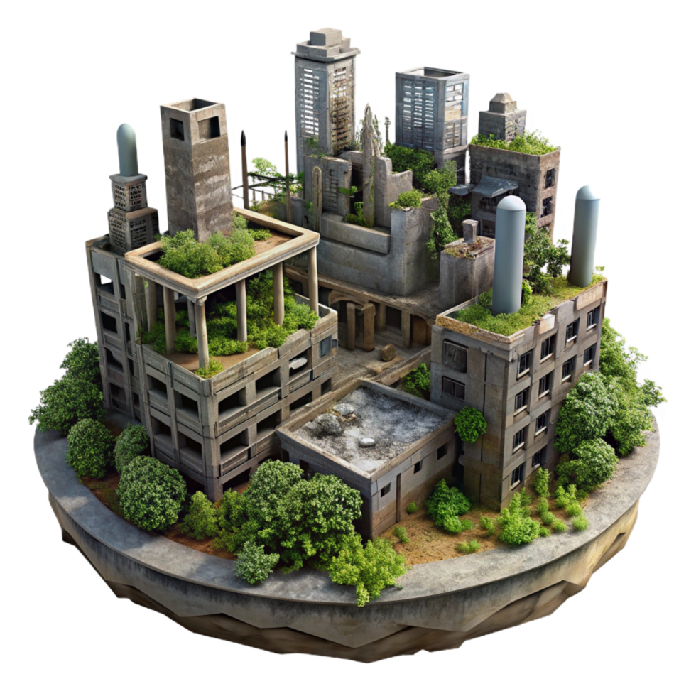 alluring exemplary A desolate, post apocalyptic cityscape, crumbling buildings, overgrown with vegetation, eerie atmosphere, png
