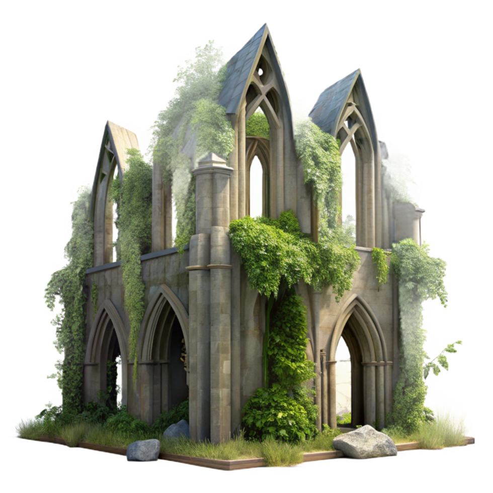 exceptional classic A crumbling Gothic cathedral overgrown with vines, dappled sunlight, hyperrealistic, photorealistic, 8k, top tier png