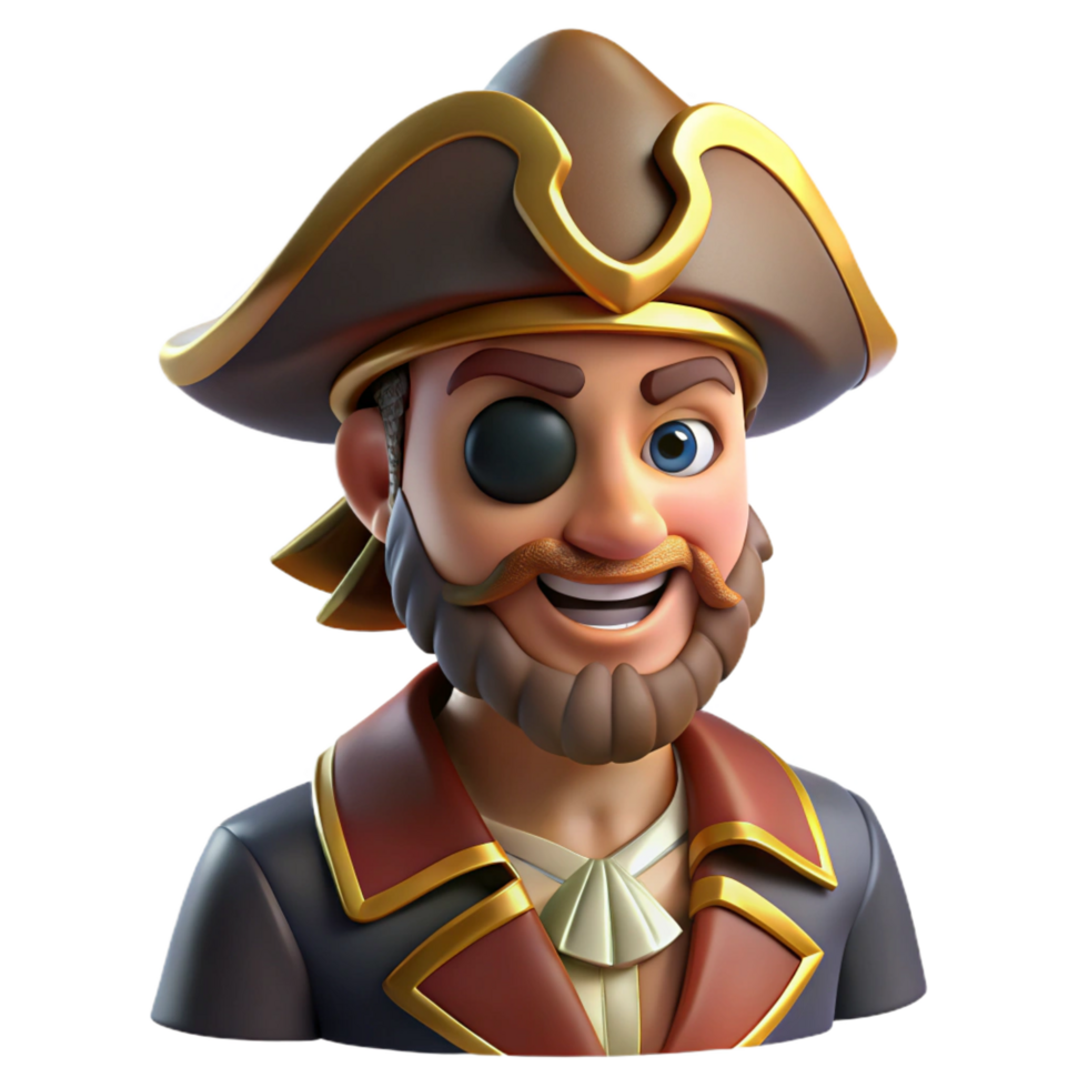 pristine playful artistic Portrait of a charismatic pirate captain with an eye patch, a tricorne hat, and a mischievous grin. Warm, golden lighting. Digital painting style high quality png