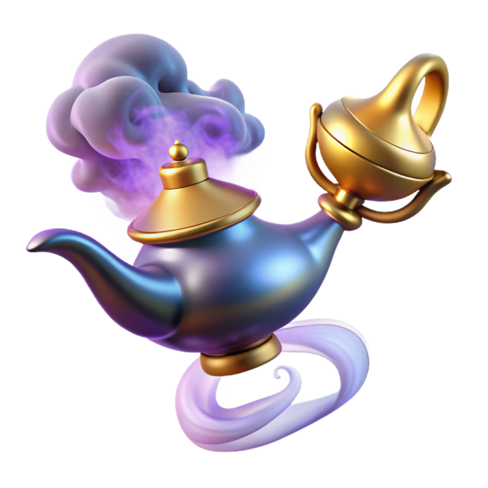 gorgeous baroque A powerful djinn emerging from a magic lamp, swirling smoke and light, orientalist style artisan png