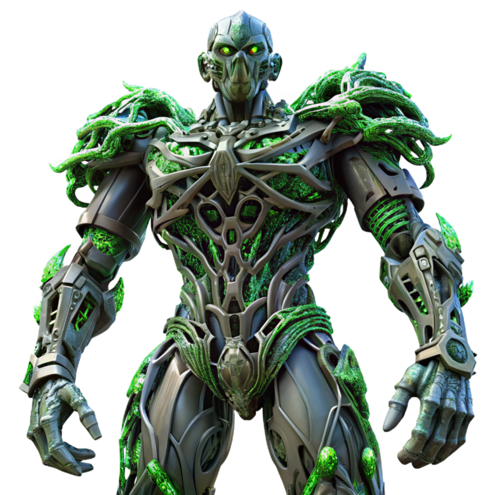 spectacular distinguished A colossal robotic sentinel, composed of interwoven metallic vines, stands guard over a desolate, alien landscape. Eerie, green backlighting. Dark fantasy style png