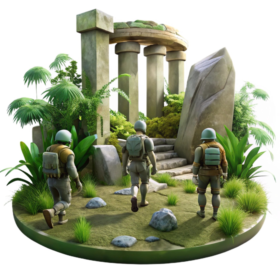 extraordinary remarkable A group of explorers discovering ancient alien ruins, overgrown with vegetation, mysterious and atmospheric, digital painting style png