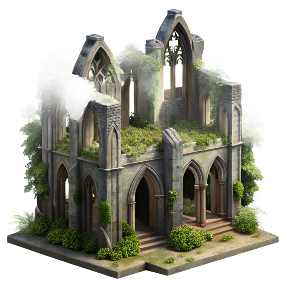 spectacular inspired A crumbling gothic cathedral overtaken by lush vegetation, dappled sunlight, hyperrealistic, Greg Rutkowski style, png