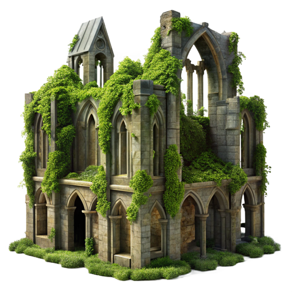 serene unforgettable A crumbling Gothic cathedral overgrown with vines, dappled sunlight, hyperrealistic, photorealistic, 8k, png