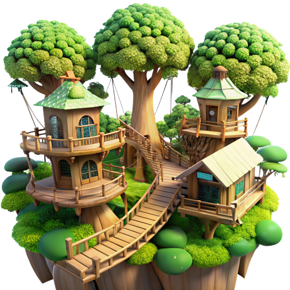 wonderful nostalgic mid century Giant treehouse village connected by rope bridges, lush green foliage, dappled sunlight, fantasy art style, precision png