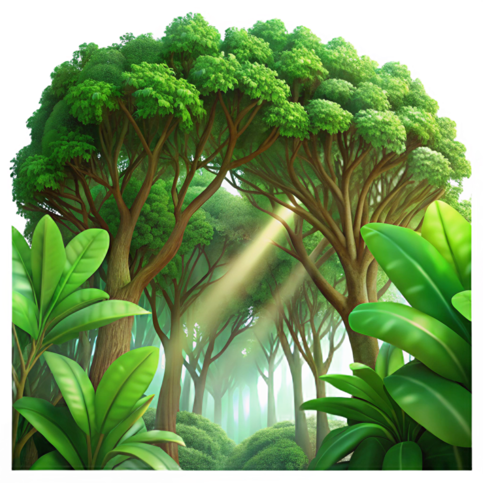 picturesque iconic A lush, green rainforest canopy viewed from below, dappled sunlight filtering through dense foliage, vibrant and detailed in a photorealistic style png