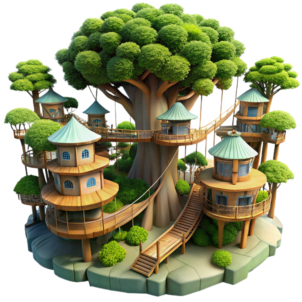 radiant notable A giant treehouse city interconnected by bridges and walkways, lush jungle setting, dappled sunlight, png