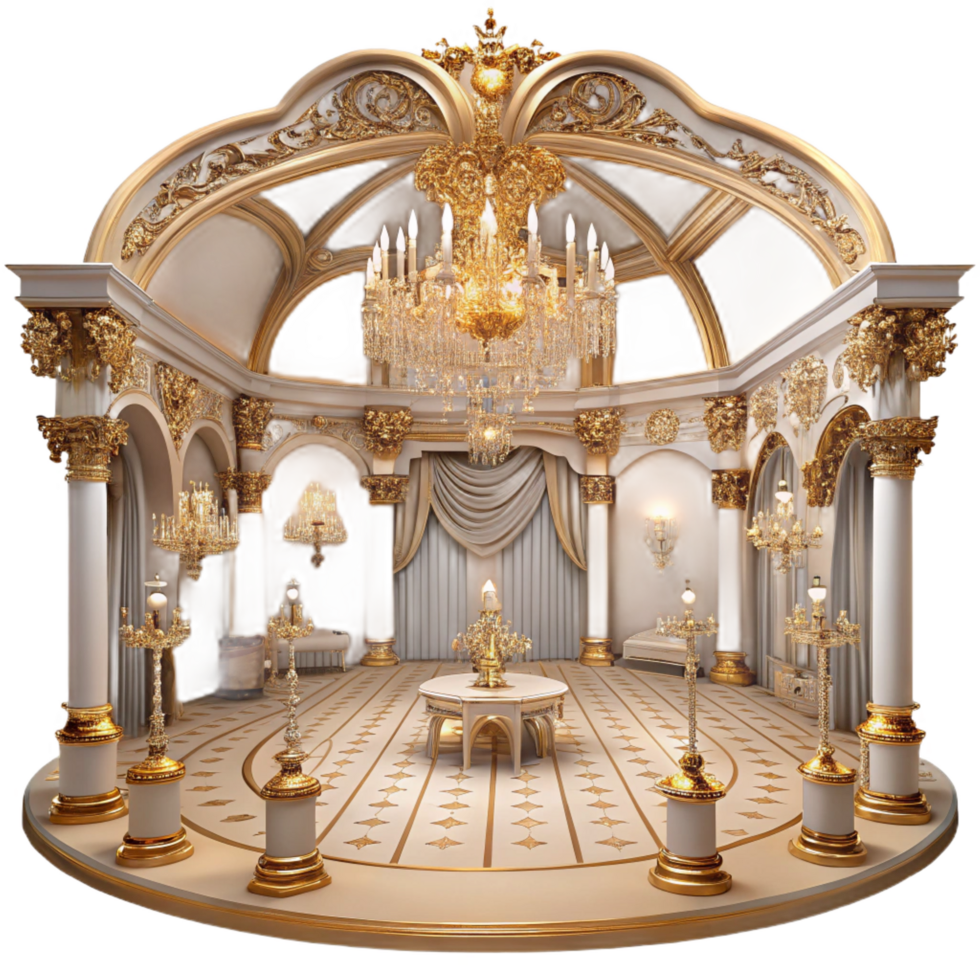 coveted baroque A grand ballroom with ornate chandeliers and gilded decorations, soft romantic lighting, luxurious atmosphere, rococo style, elegant figures dancing ultra HD png