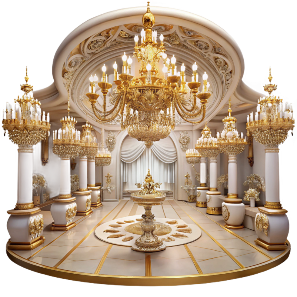 inspired avant garde A grand ballroom with ornate chandeliers and gilded decorations, soft romantic lighting, luxurious atmosphere, rococo style, elegant figures dancing 4K png