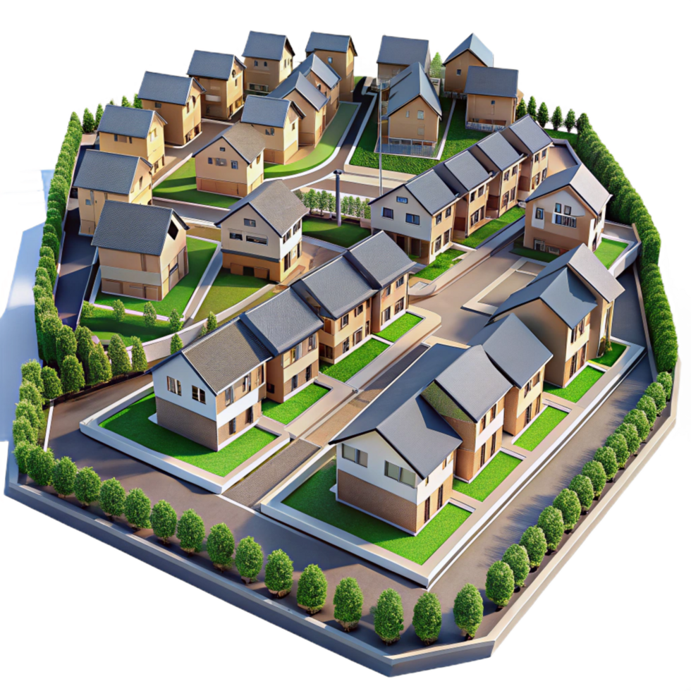 splendid avant garde A sprawling suburban housing development, aerial view, repetitive patterns, uniform architecture, sense of conformity and suburban sprawl exclusive png