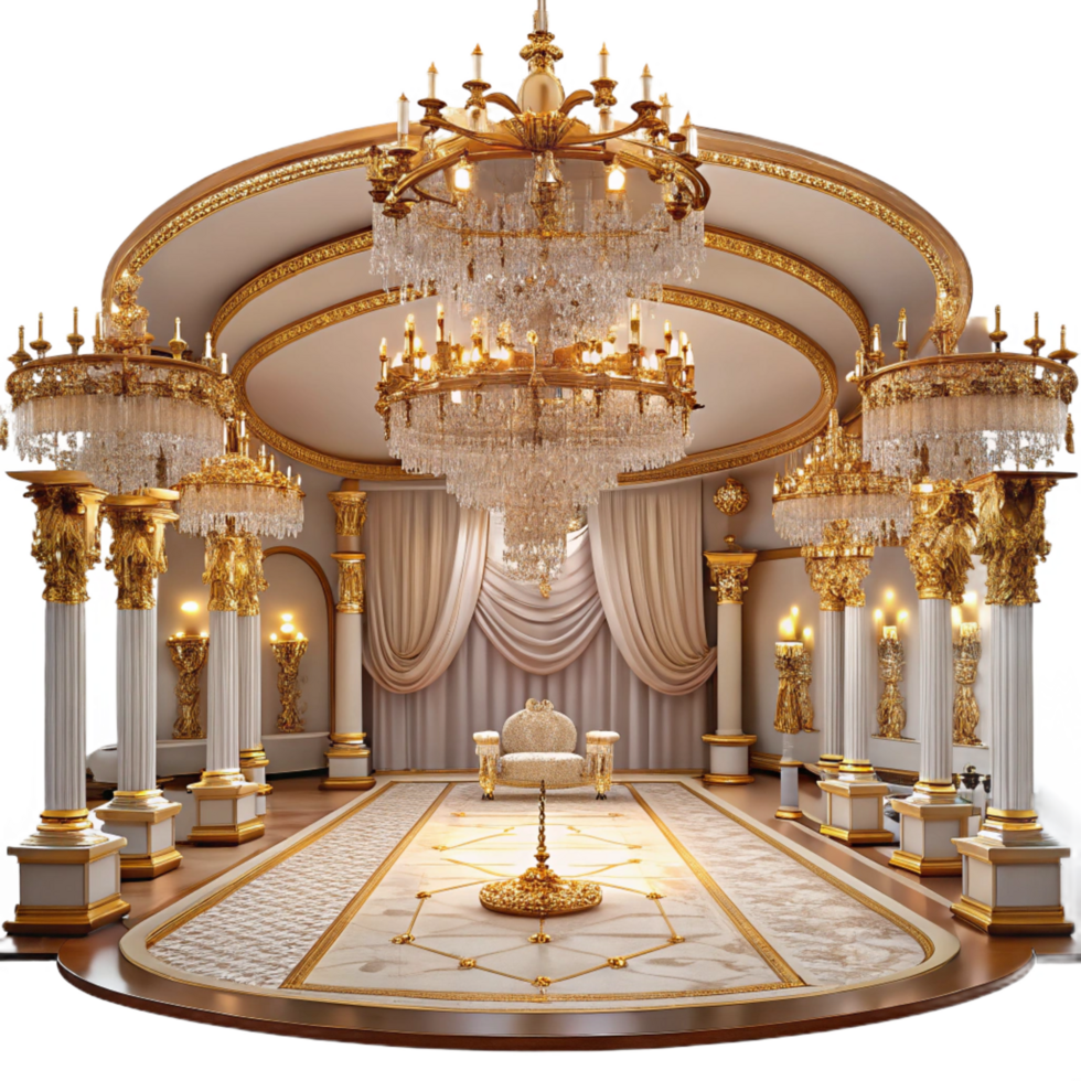 alluring bohemian A grand ballroom with ornate chandeliers and gilded decorations, soft romantic lighting, luxurious atmosphere, rococo style, elegant figures dancing studio quality png