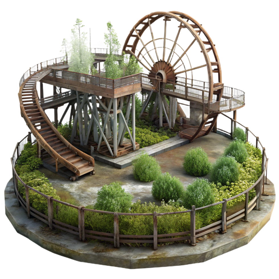mysterious striking An abandoned amusement park, overgrown with weeds, rusty metal, eerie atmosphere, ultra HD png