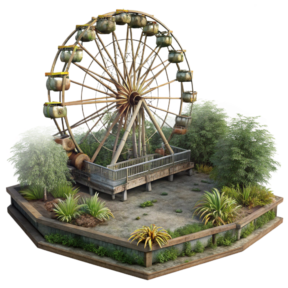 glorious coveted An abandoned amusement park, overgrown with weeds, rusty Ferris wheel, eerie atmosphere, post apocalyptic, png