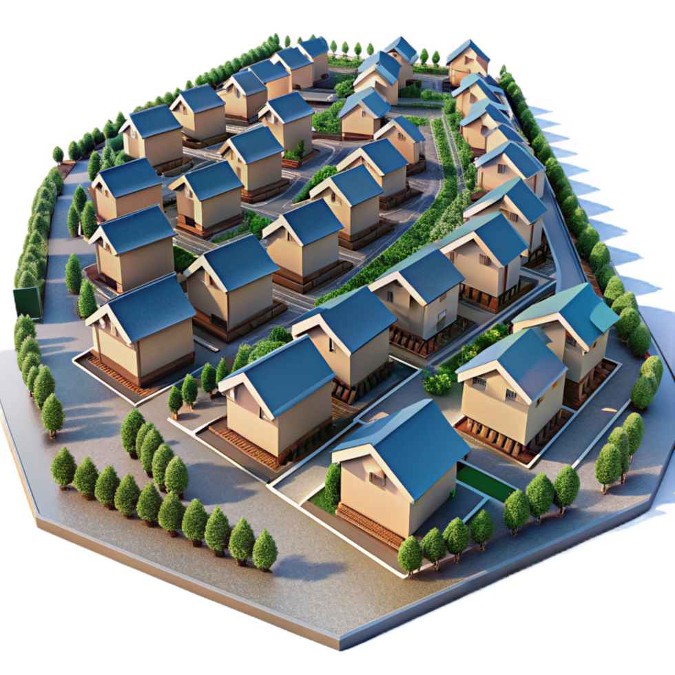 gorgeous dreamy nordic A sprawling suburban housing development, aerial view, repetitive patterns, uniform architecture, sense of conformity and suburban sprawl premium png