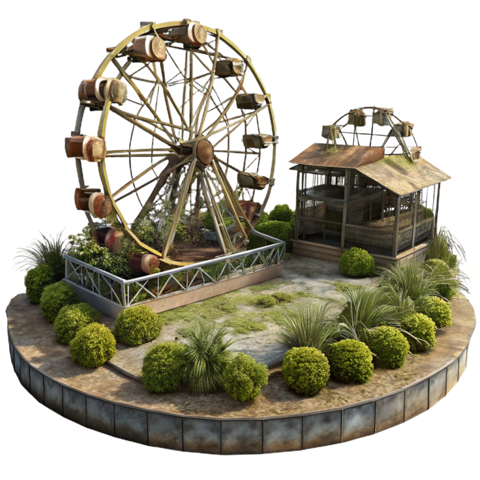 magnificent artistic An abandoned amusement park, overgrown with weeds, rusty metal, eerie atmosphere, precision png