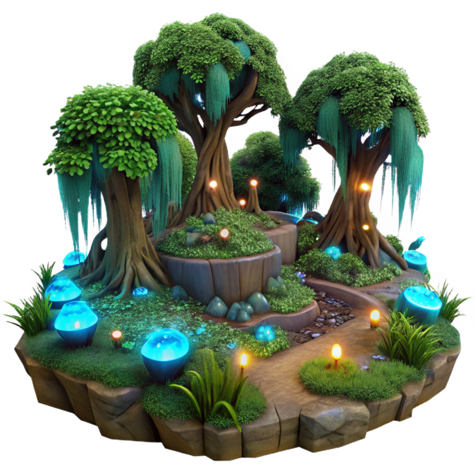 hypnotic mid century A hidden grove of ancient trees with glowing bioluminescent moss, magical twilight lighting, in a fantasy realism style impeccable png