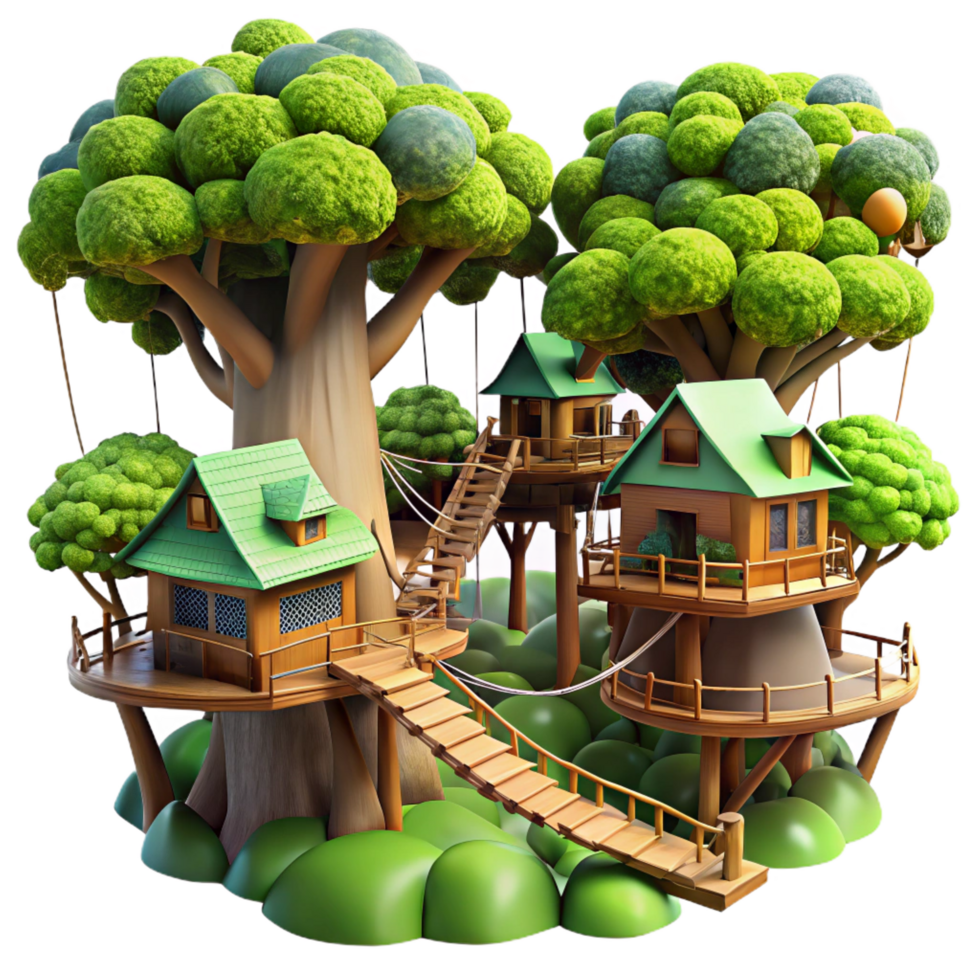 distinctive abstract Giant treehouse village connected by rope bridges, lush green foliage, dappled sunlight, fantasy art style, high quality png