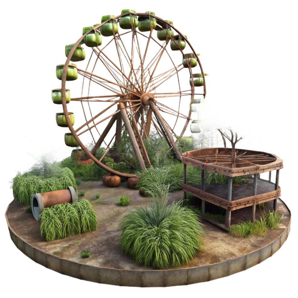 pristine mysterious abstract An abandoned amusement park, overgrown with weeds, rusty Ferris wheel, eerie atmosphere, post apocalyptic, artisan png