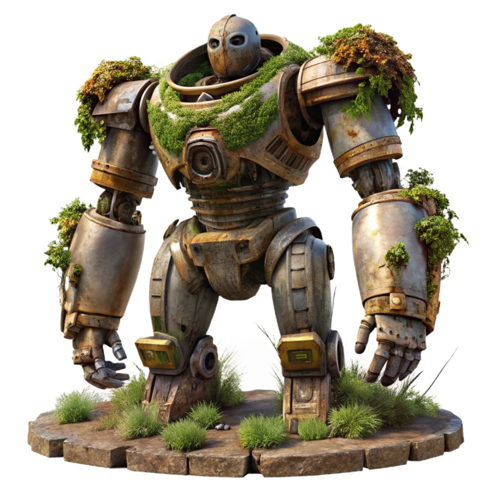 striking unforgettable A giant robot, crumbling and overgrown with vines, stands in a post apocalyptic wasteland. Dieselpunk style. Golden hour lighting png