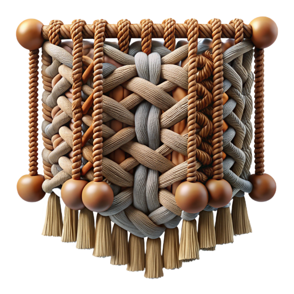 pristine elegant An intricate tapestry of woven threads, with varying thicknesses and textures, creating a complex, layered pattern. Macrame style high quality png