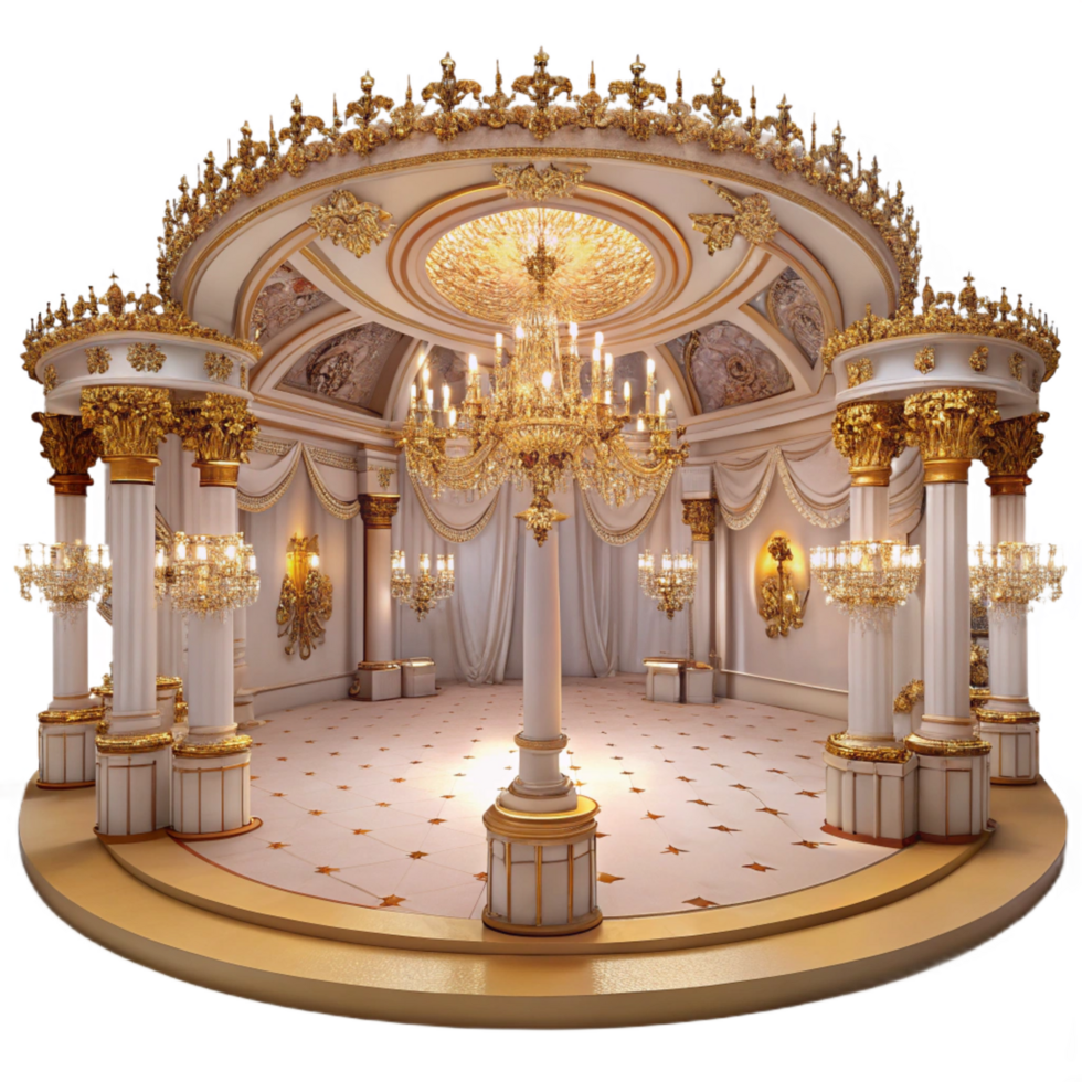 romantic enchanting A grand ballroom with ornate chandeliers and gilded decorations, soft romantic lighting, luxurious atmosphere, rococo style, elegant figures dancing top tier png