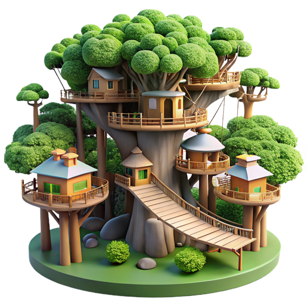 sought after abstract A giant treehouse city interconnected by bridges and walkways, lush jungle setting, dappled sunlight, expertly shot png