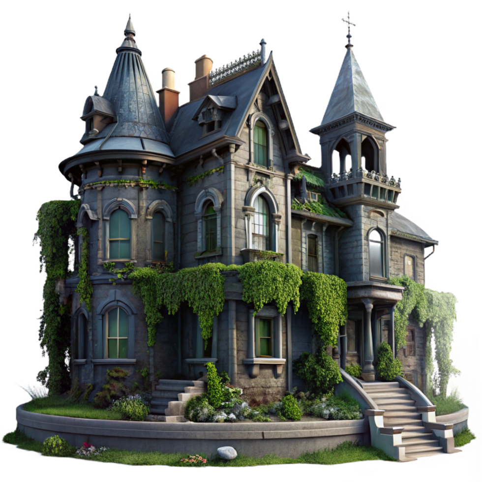 serene vintage An abandoned Victorian mansion, overgrown with ivy, eerie moonlight, gothic horror style, photorealistic render impeccable png
