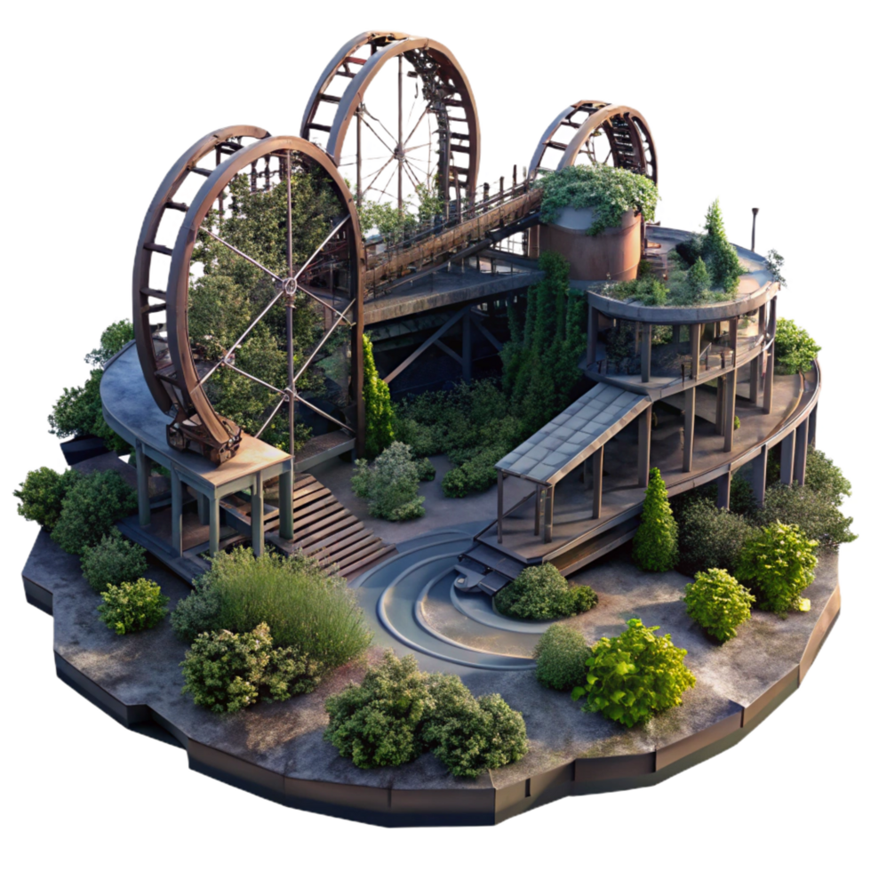 radiant harmonious art deco An abandoned amusement park with rusting roller coasters and overgrown vegetation, eerie twilight lighting, dystopian style refined png