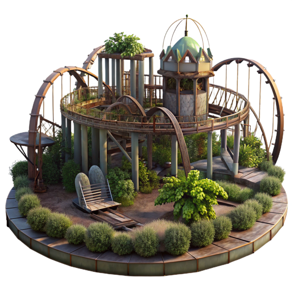 celebrated modern An abandoned amusement park with rusting roller coasters and overgrown vegetation, eerie twilight lighting, dystopian style high resolution png