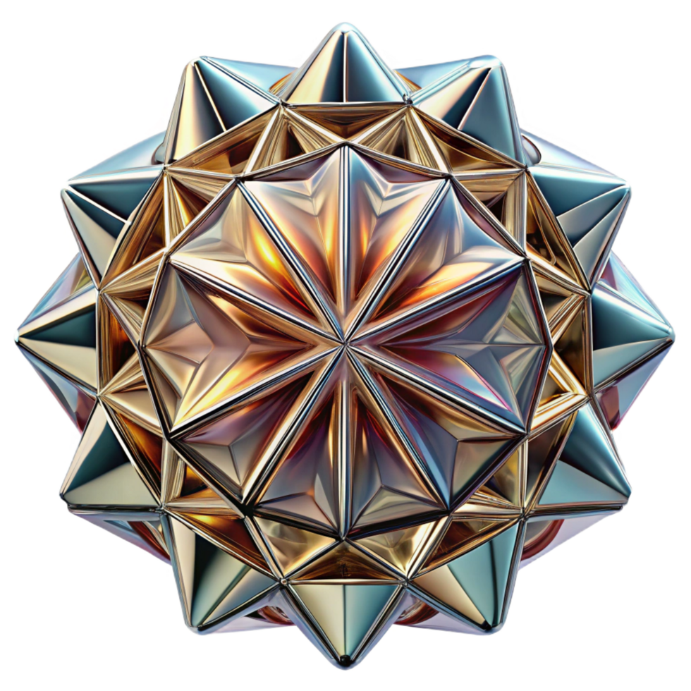 tranquil dazzling A kaleidoscope of tessellated triangles in metallic hues, reflecting a bright, directional light source, in an Art Deco style gallery standard png