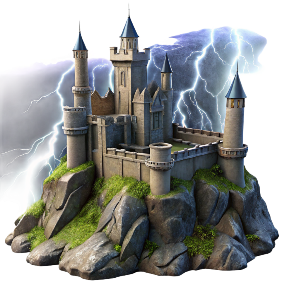 dramatic contemporary Medieval castle on a rocky cliff, stormy skies and lightning strikes, dramatic lighting, dark fantasy style genuine png